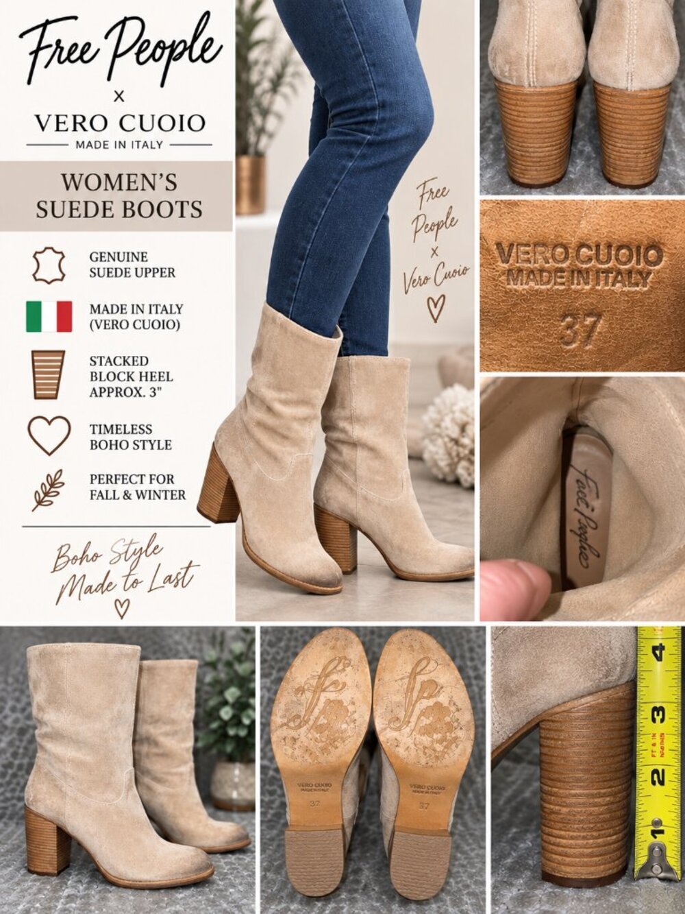 Free People x Vero Cuoio Suede Boots EU 37 Made Italy Beige Slouch Block Heel